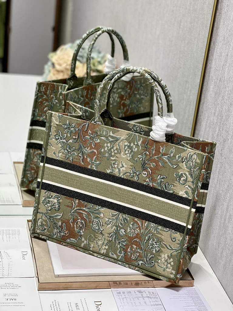 Dior M1286 Large Book Tote Green Multicolor Petites Fleurs Embroidery