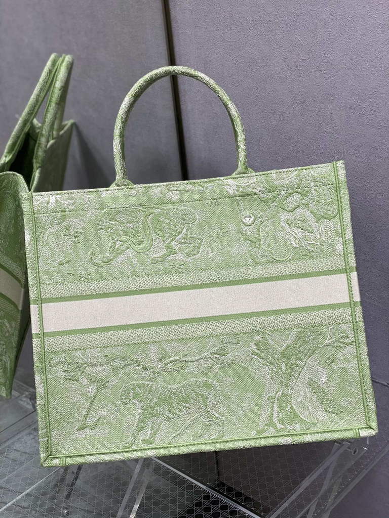 Dior M1286 Large Book Tote Green Toile de Jouy Embroidery