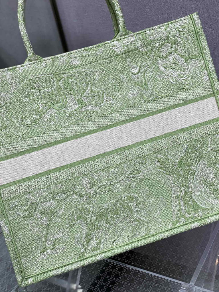 Dior M1286 Large Book Tote Green Toile de Jouy Embroidery