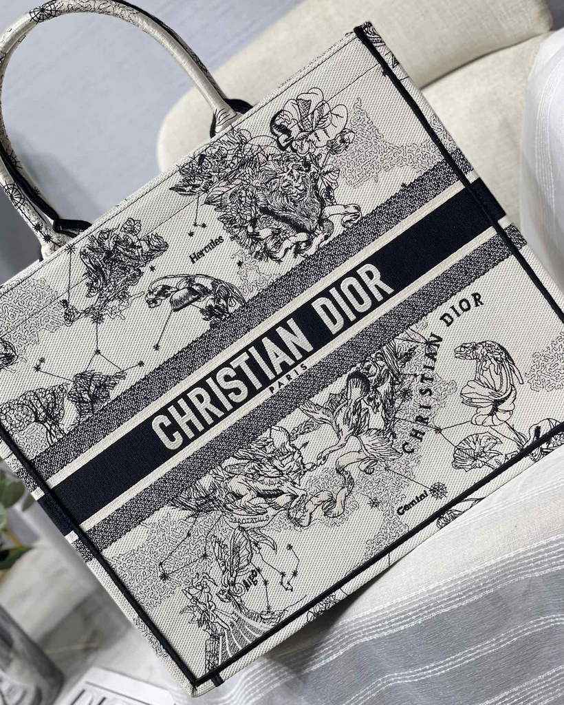 Dior M1286 Large Book Tote Latte Toile de Jouy Zodiac Embroidery