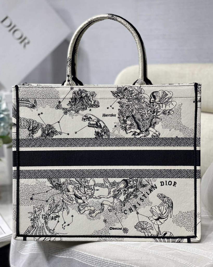 Dior M1286 Large Book Tote Latte Toile de Jouy Zodiac Embroidery