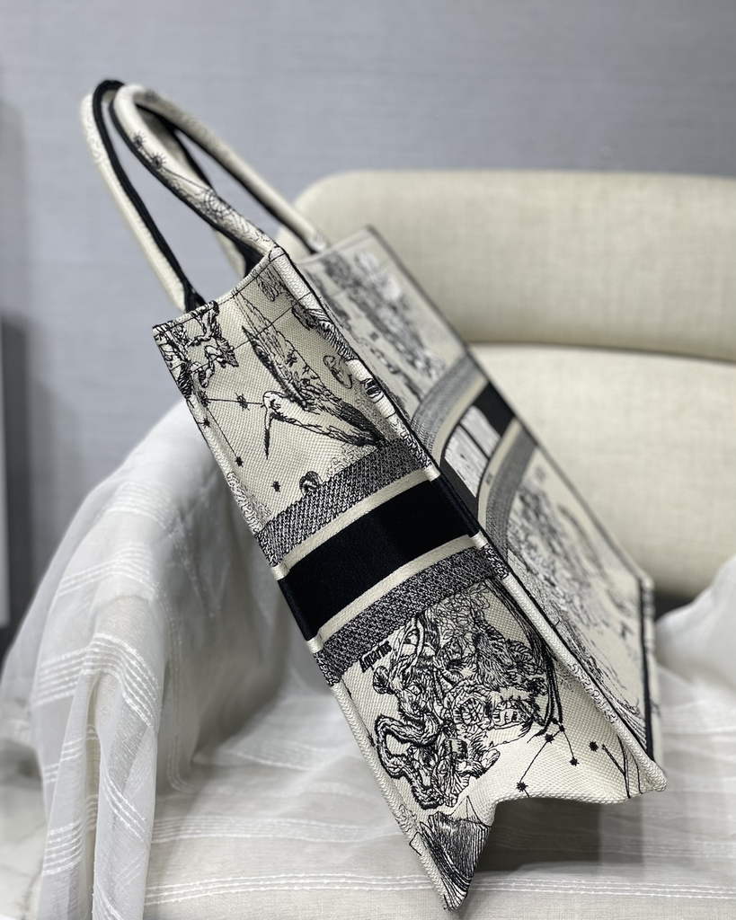 Dior M1286 Large Book Tote Latte Toile de Jouy Zodiac Embroidery