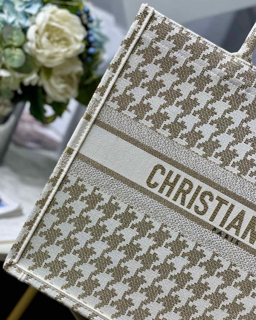 Dior M1286 Large Book Tote Gold Macro Houndstooth Embroidery