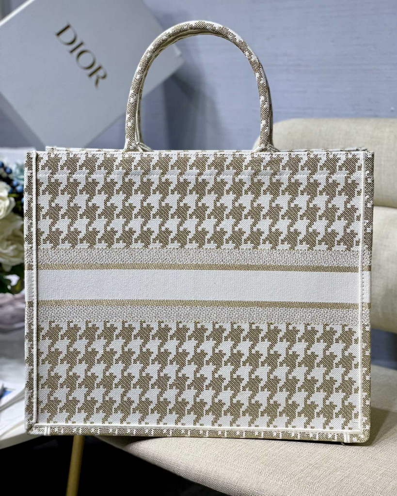Dior M1286 Large Book Tote Gold Macro Houndstooth Embroidery