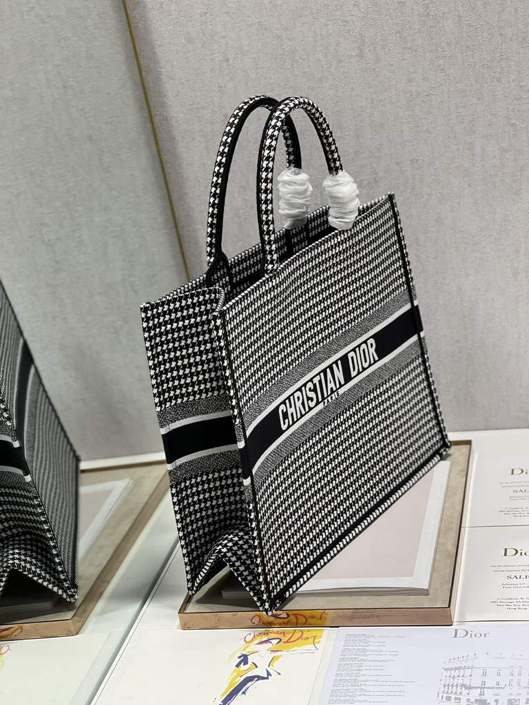 Dior M1286 Large Book Tote Macro Houndstooth Black Embroidery