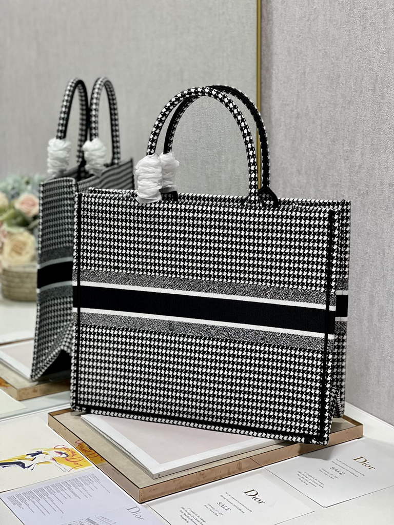 Dior M1286 Large Book Tote Macro Houndstooth Black Embroidery