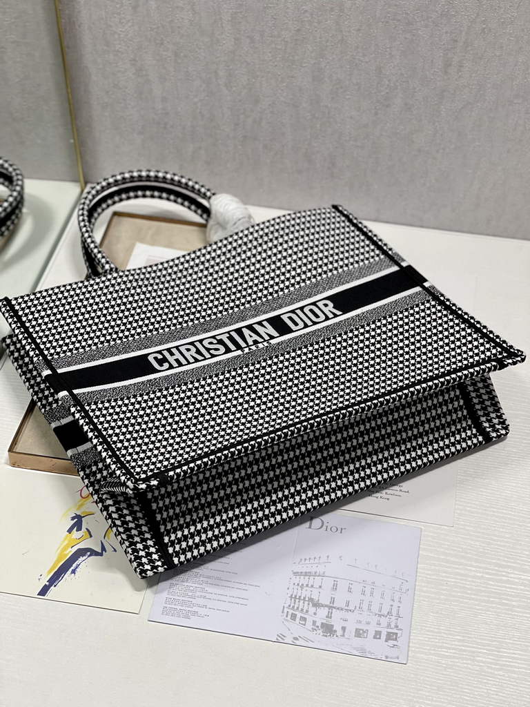Dior M1286 Large Book Tote Macro Houndstooth Black Embroidery