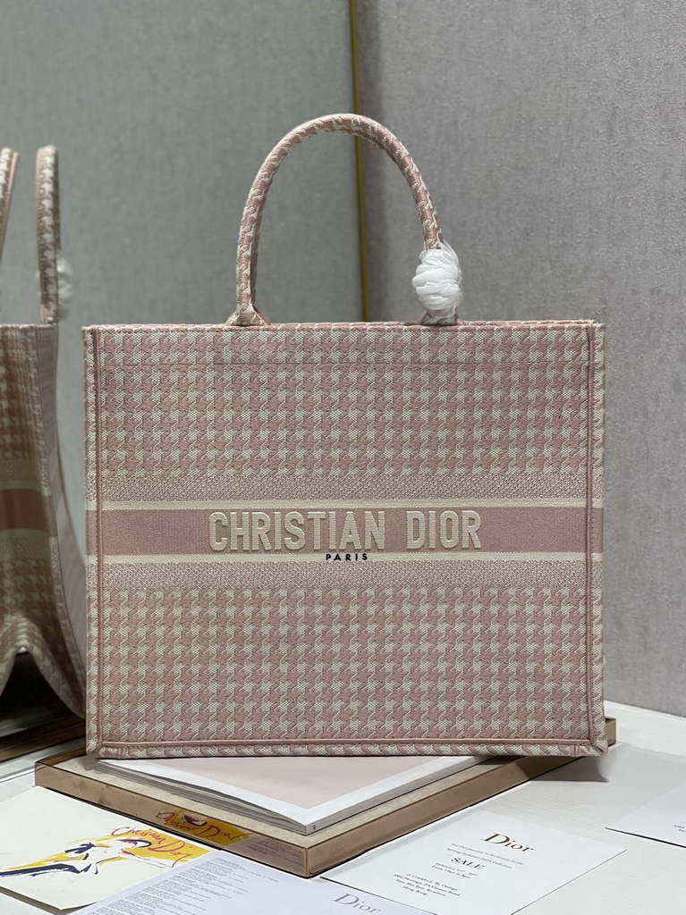 Dior M1286 Large Book Tote Pink Macro Houndstooth Embroidery