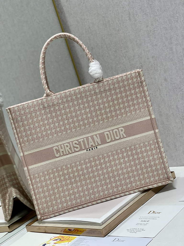 Dior M1286 Large Book Tote Pink Macro Houndstooth Embroidery