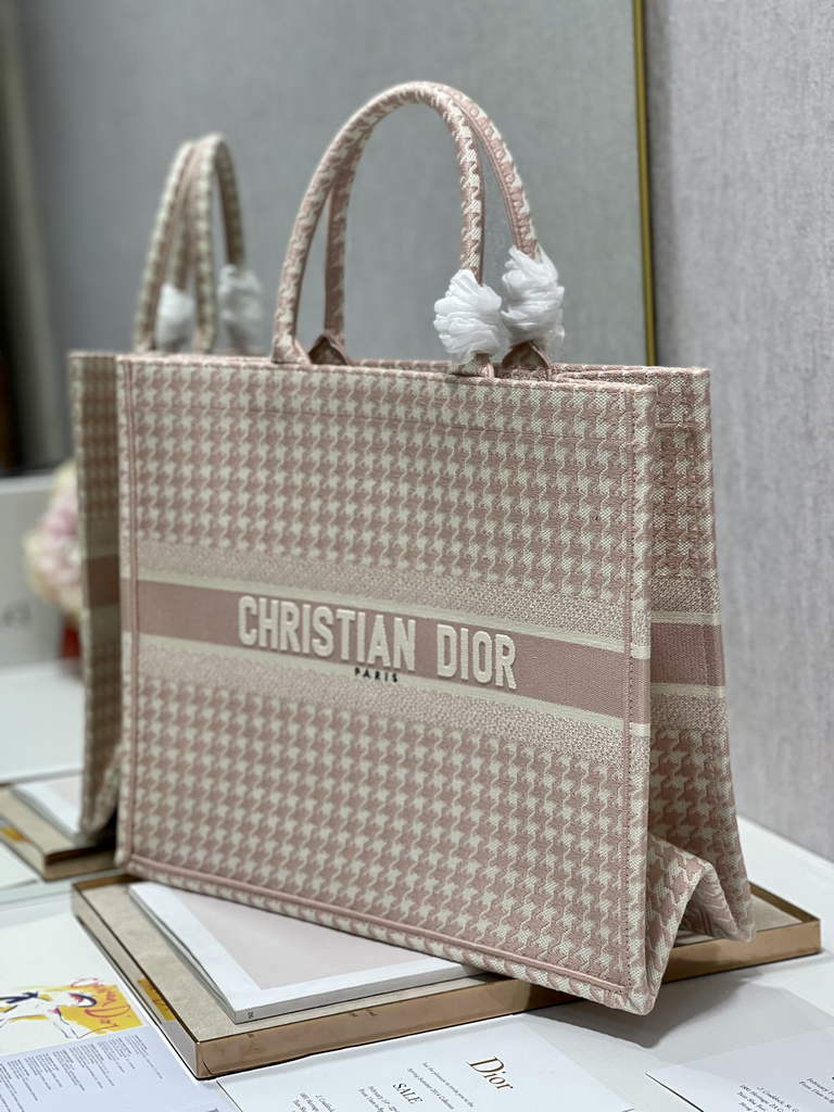 Dior M1286 Large Book Tote Pink Macro Houndstooth Embroidery