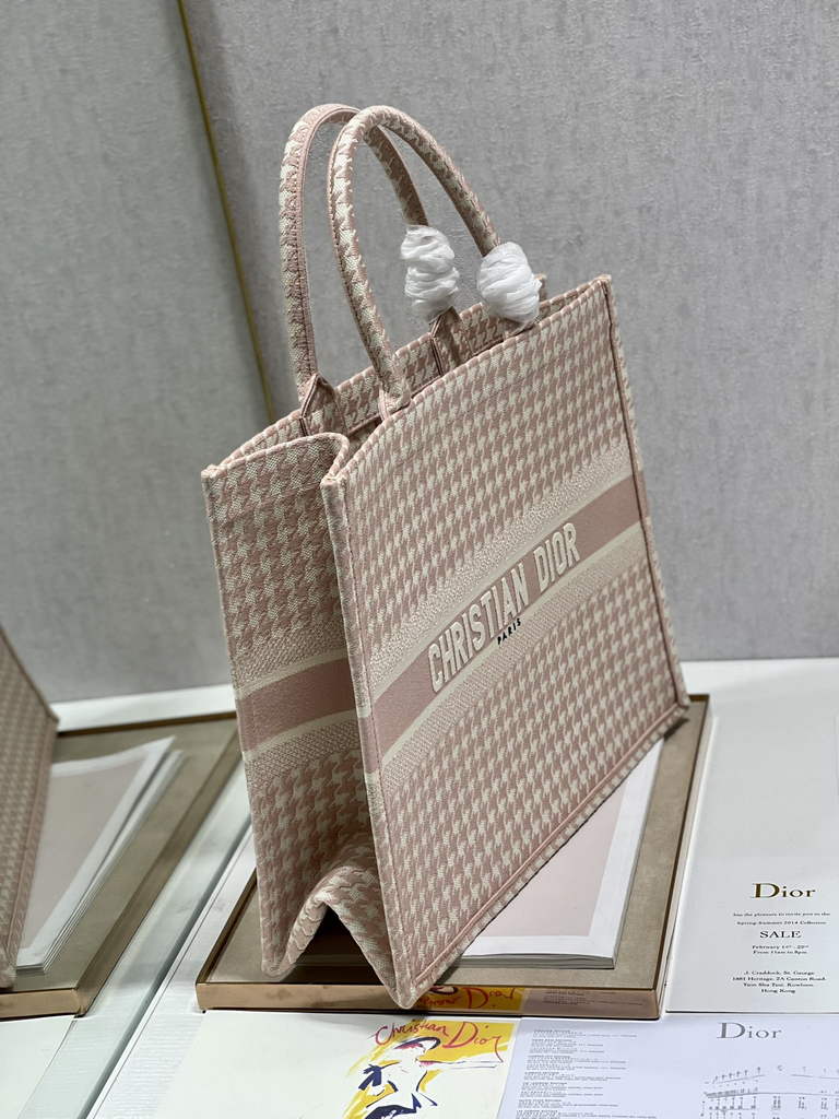 Dior M1286 Large Book Tote Pink Macro Houndstooth Embroidery