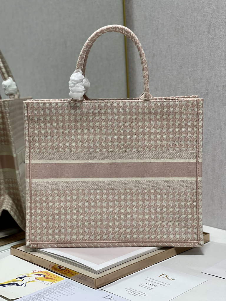 Dior M1286 Large Book Tote Pink Macro Houndstooth Embroidery