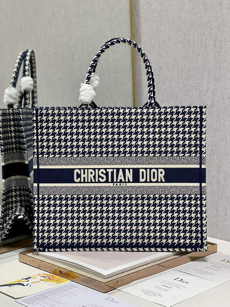 Dior M1286 Large Book Tote Navy Blue Macro Houndstooth Embroidery