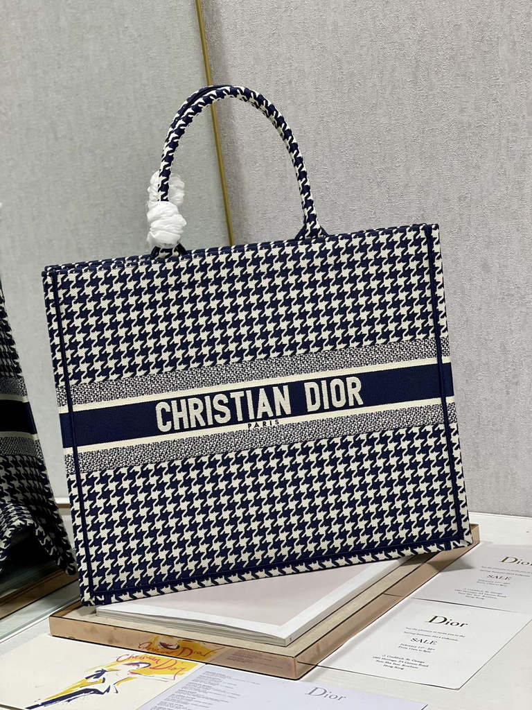 Dior M1286 Large Book Tote Navy Blue Macro Houndstooth Embroidery