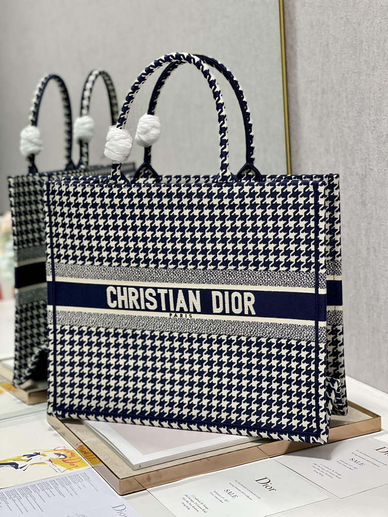 Dior M1286 Large Book Tote Navy Blue Macro Houndstooth Embroidery