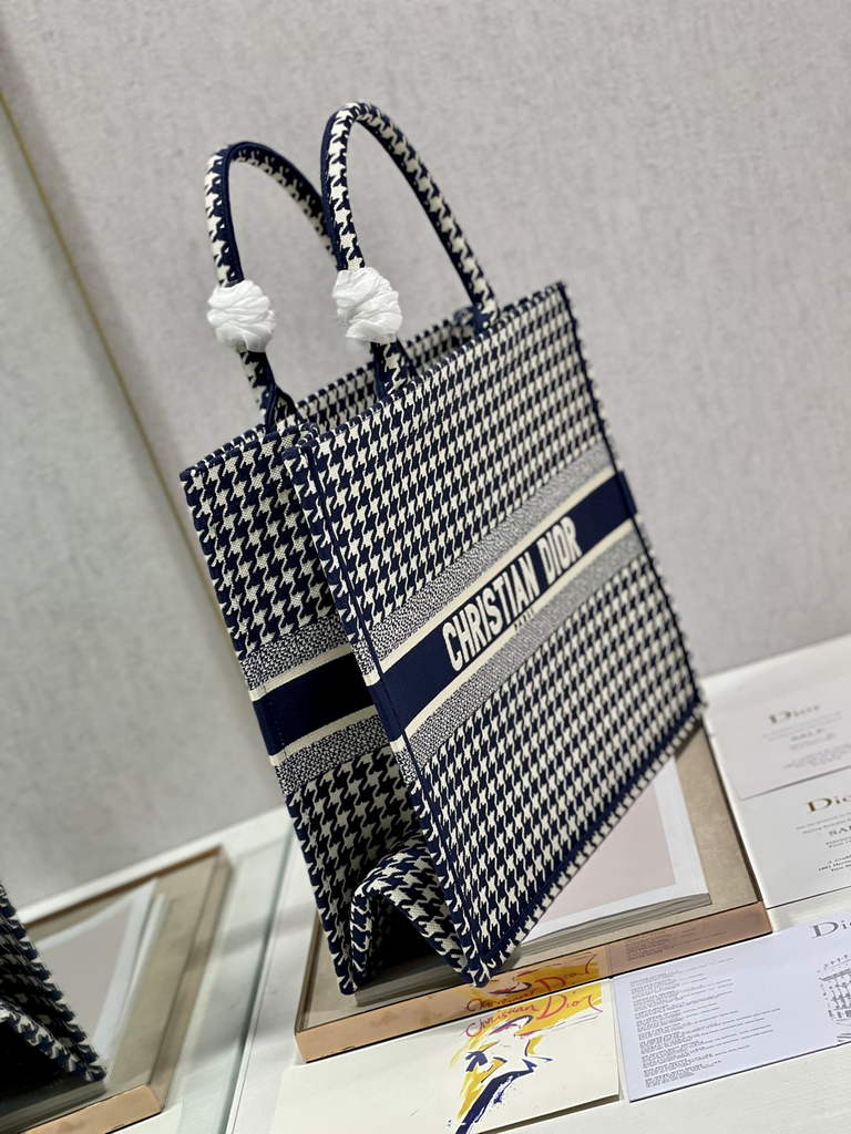 Dior M1286 Large Book Tote Navy Blue Macro Houndstooth Embroidery