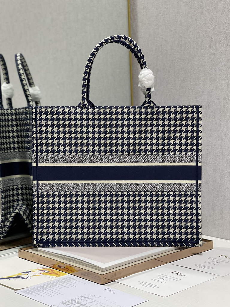 Dior M1286 Large Book Tote Navy Blue Macro Houndstooth Embroidery