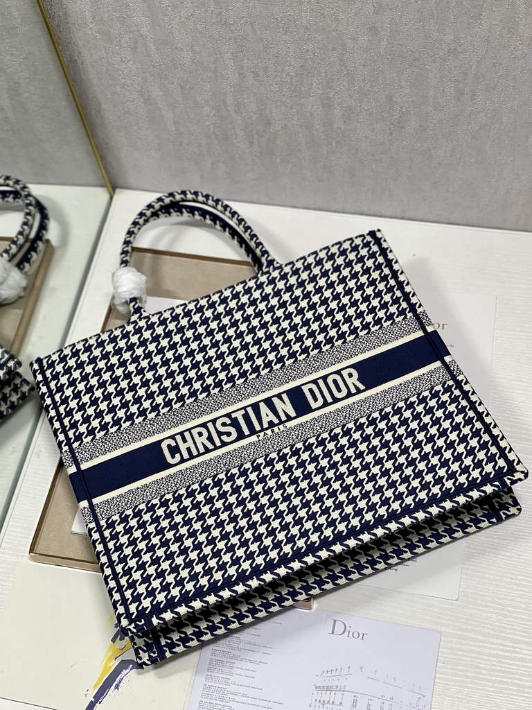 Dior M1286 Large Book Tote Navy Blue Macro Houndstooth Embroidery