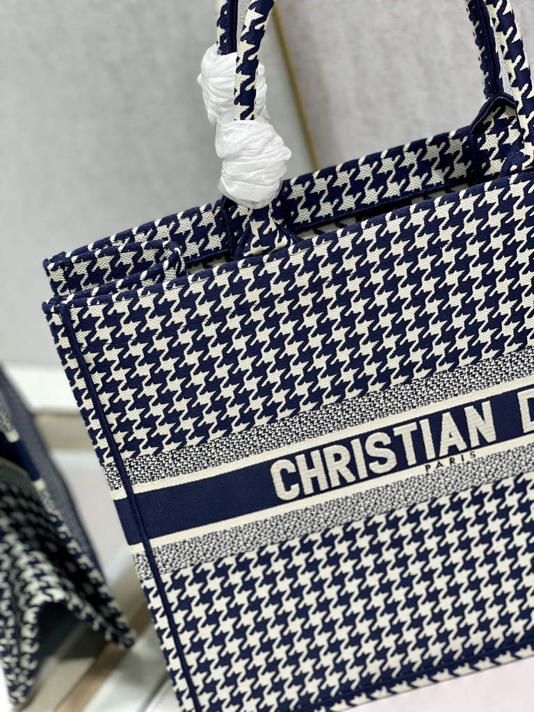 Dior M1286 Large Book Tote Navy Blue Macro Houndstooth Embroidery