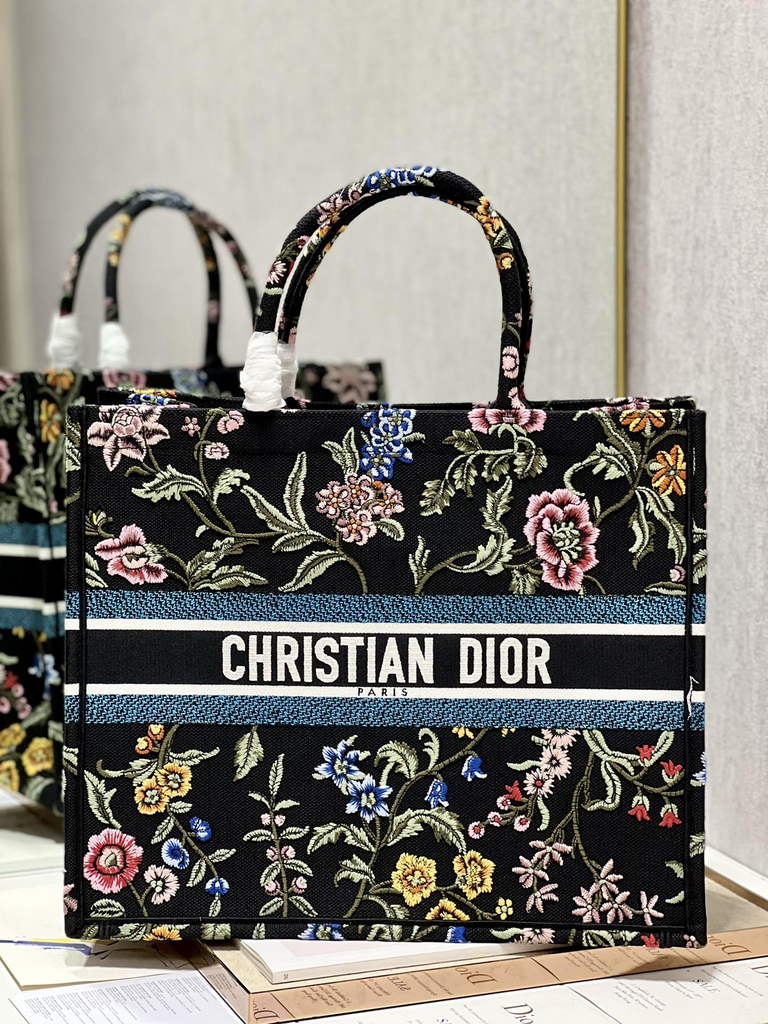 Dior M1286 Large Book Tote Black Multicolor Petites Fleurs Embroidery