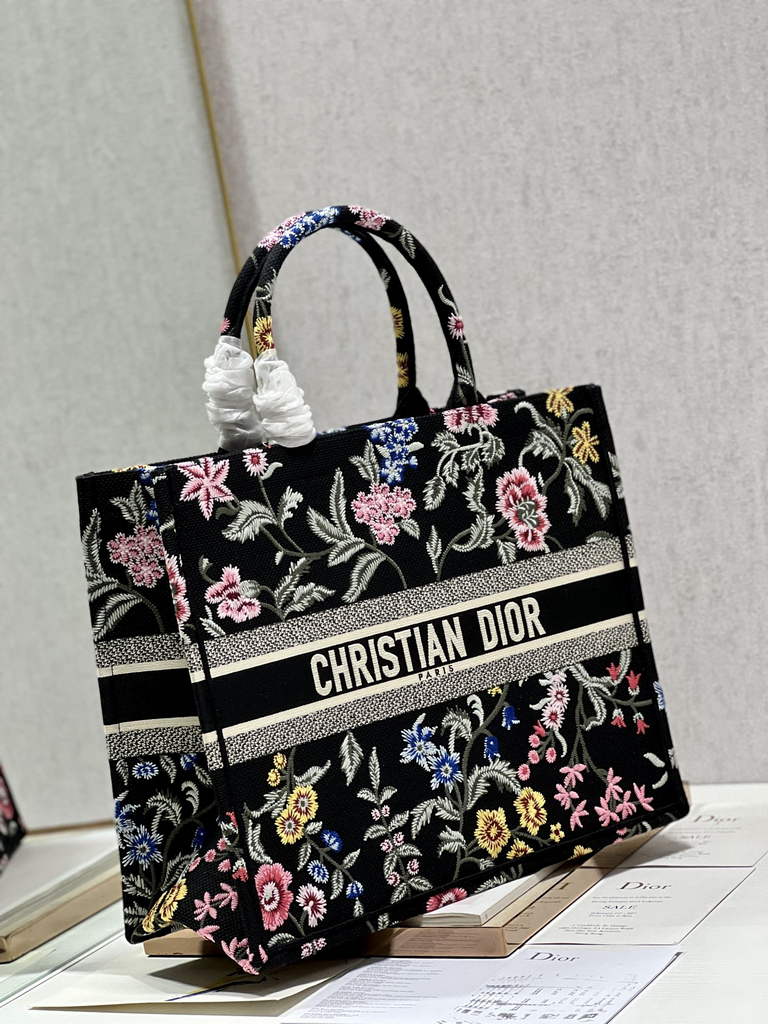 Dior M1286 Large Book Tote Multicolor Black Petites Fleurs Embroidery