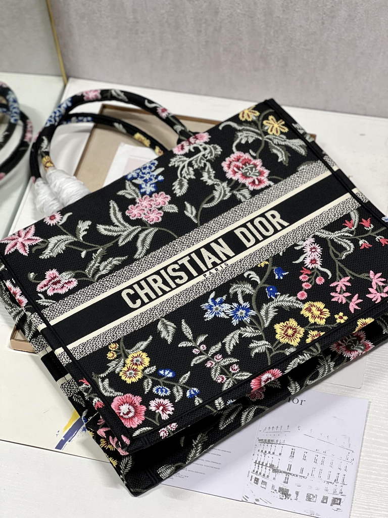 Dior M1286 Large Book Tote Multicolor Black Petites Fleurs Embroidery
