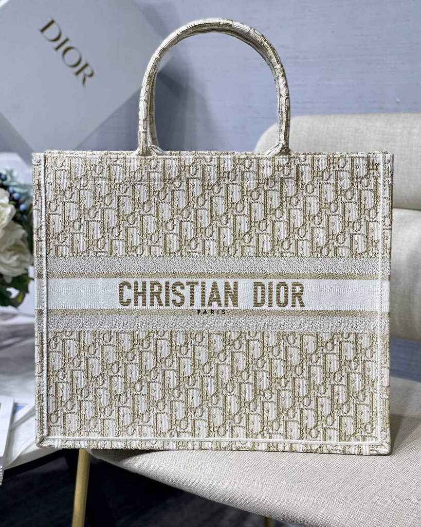 Dior M1286 Large Book Tote Gold Oblique Embroidery