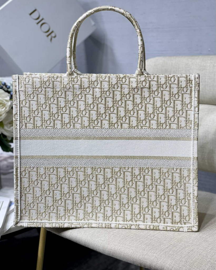 Dior M1286 Large Book Tote Gold Oblique Embroidery