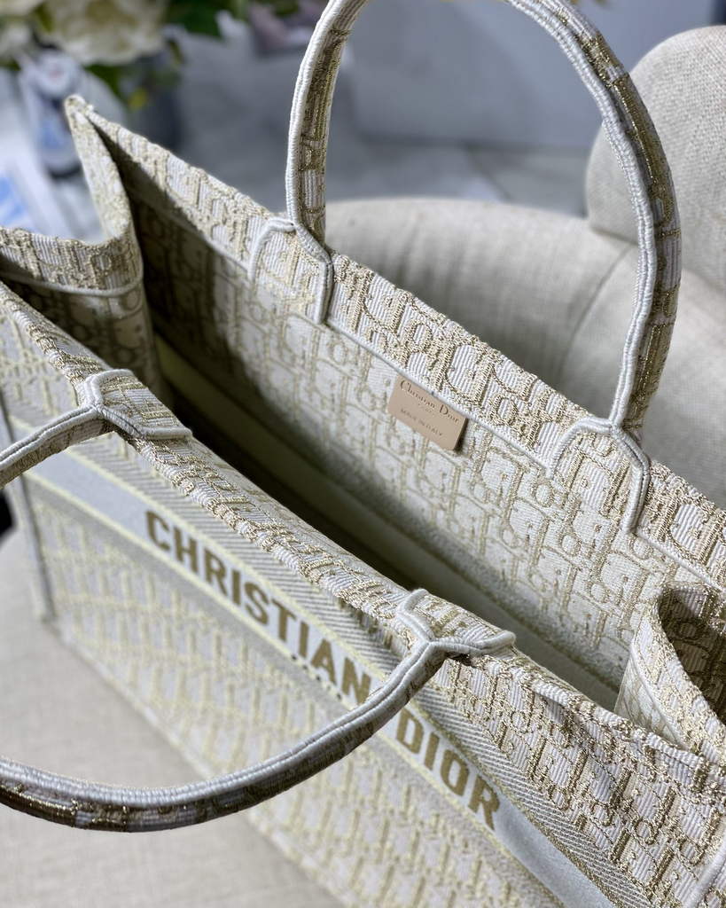 Dior M1286 Large Book Tote Gold Oblique Embroidery