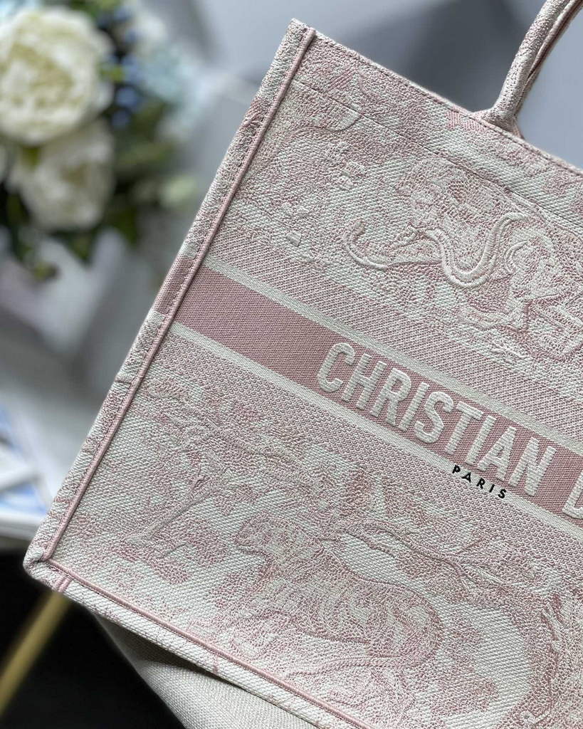 Dior M1286 Large Book Tote Pink Toile de Jouy Embroidery