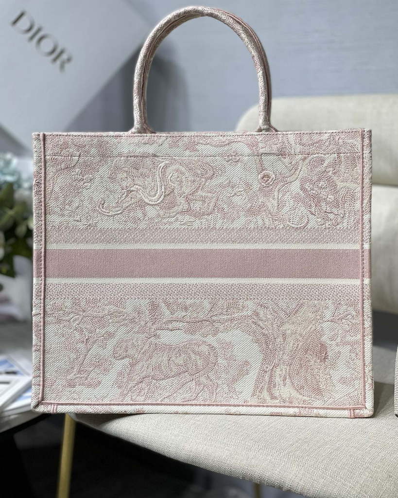 Dior M1286 Large Book Tote Pink Toile de Jouy Embroidery