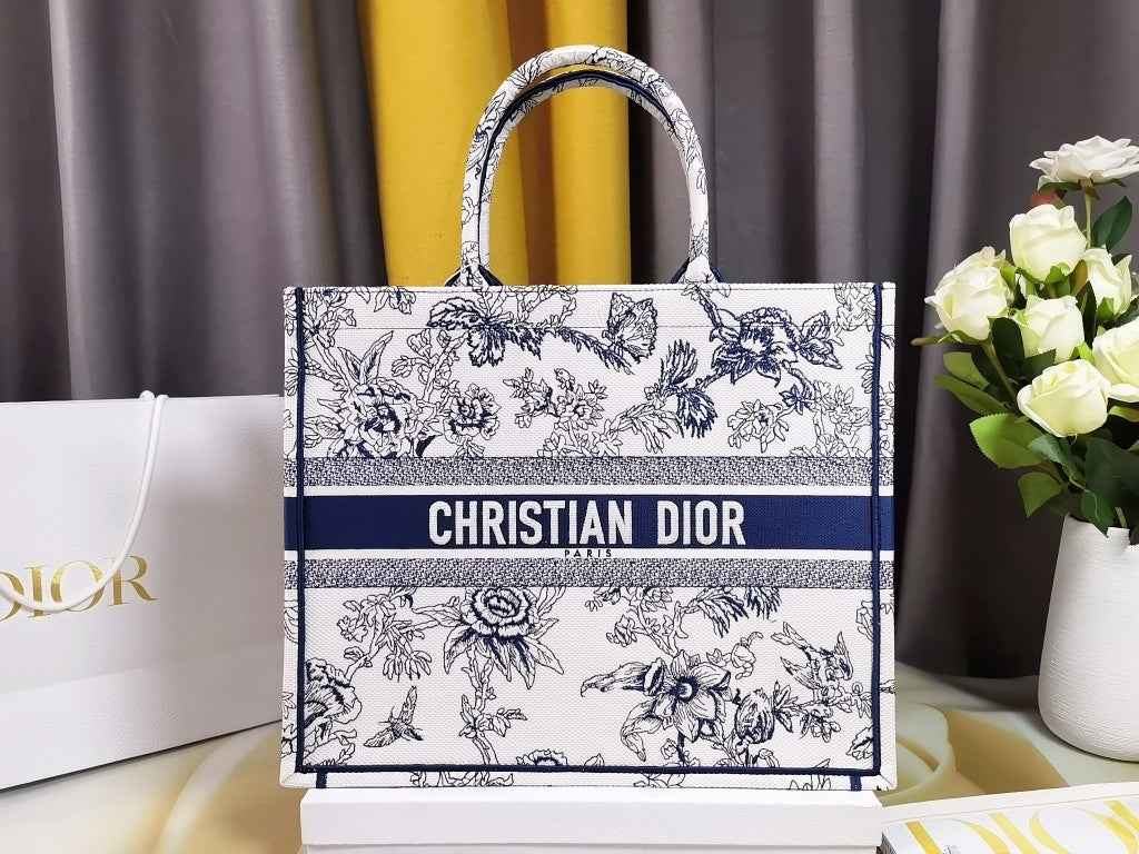 Dior M1286 Large Book Tote Powder Beige with Blue Jardin Botanique Embroidery