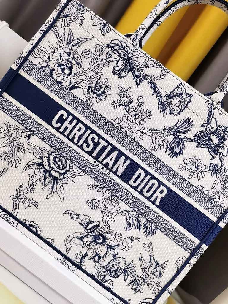 Dior M1286 Large Book Tote Powder Beige with Blue Jardin Botanique Embroidery