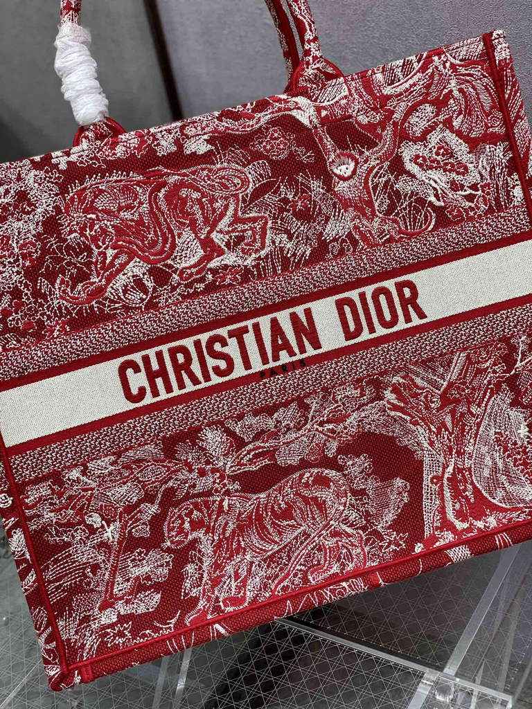 Dior M1286 Large Book Tote Red Toile de Jouy Embroidery