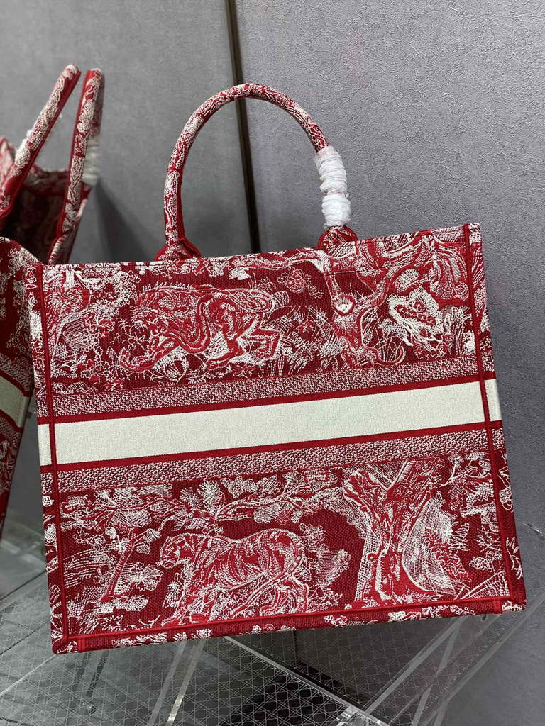 Dior M1286 Large Book Tote Red Toile de Jouy Embroidery