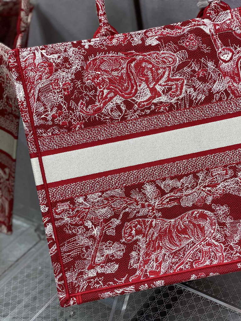 Dior M1286 Large Book Tote Red Toile de Jouy Embroidery