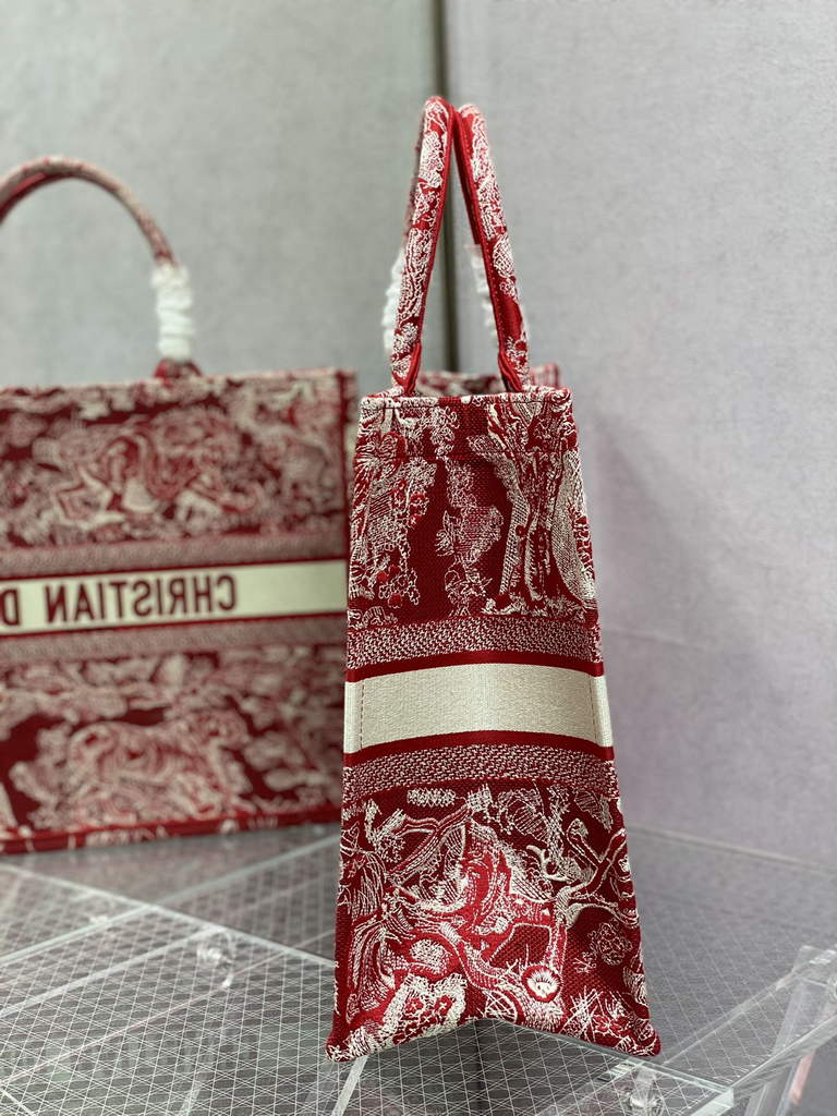 Dior M1286 Large Book Tote Red Toile de Jouy Embroidery