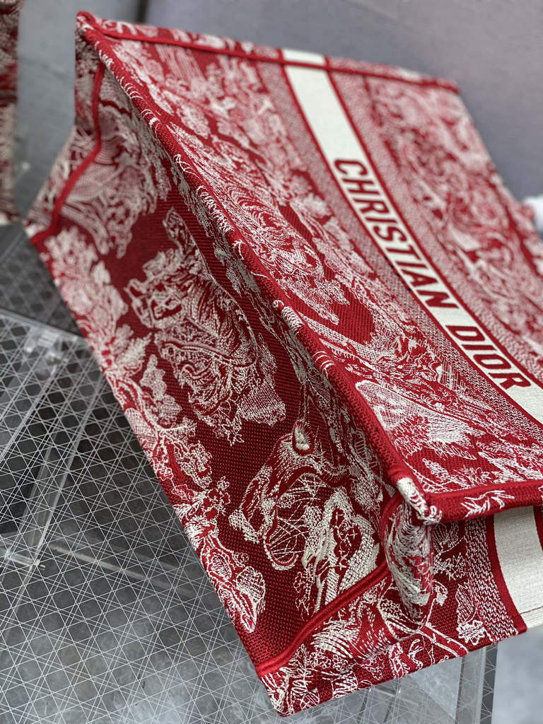 Dior M1286 Large Book Tote Red Toile de Jouy Embroidery