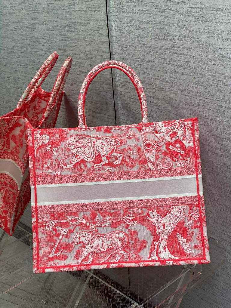 Dior M1286 Large Book Tote Red Toile de Jouy Reverse Embroidery