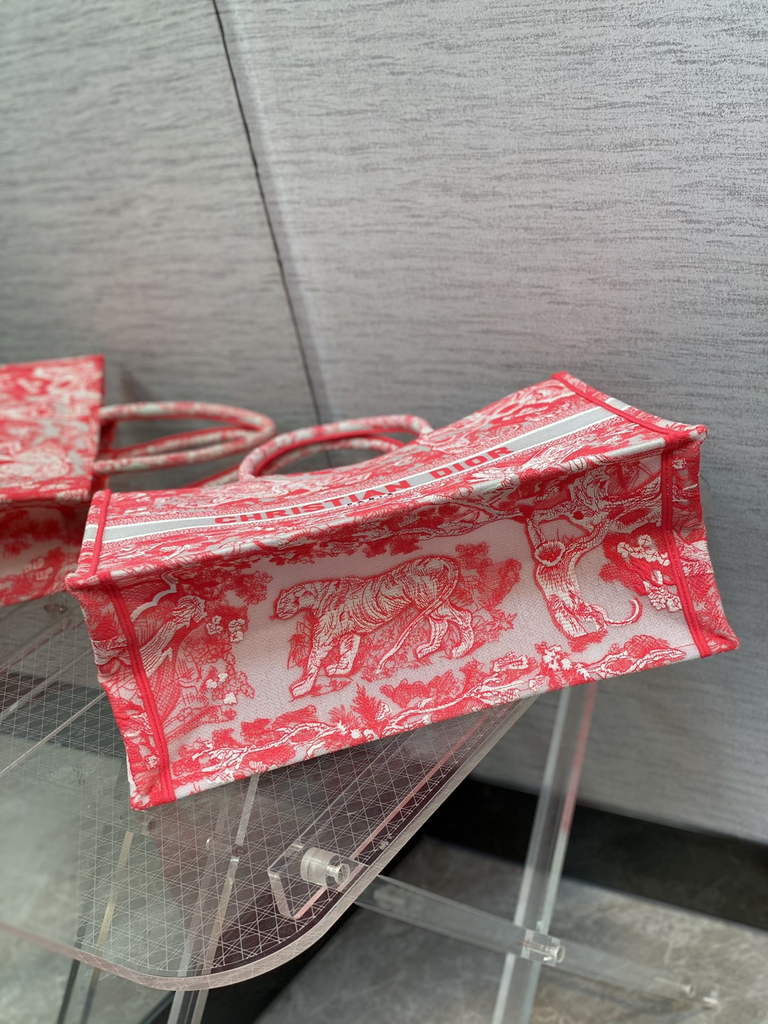 Dior M1286 Large Book Tote Red Toile de Jouy Reverse Embroidery