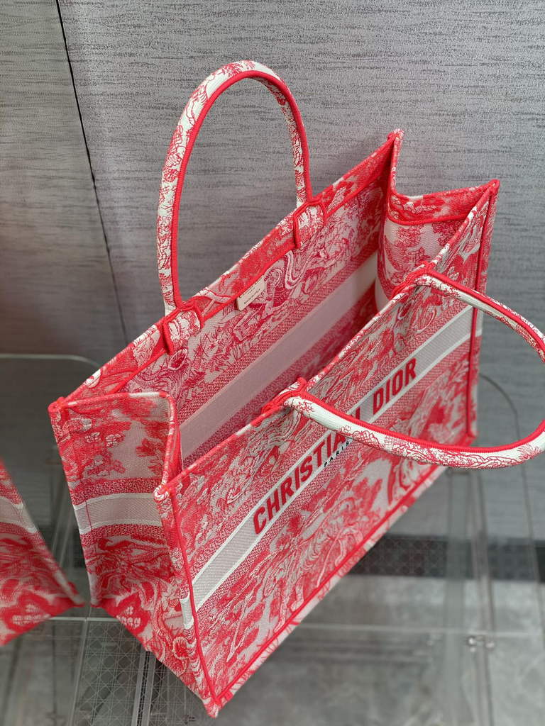 Dior M1286 Large Book Tote Red Toile de Jouy Reverse Embroidery