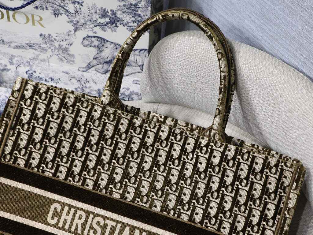 Dior M1286 Large Book Tote Tan velvet Oblique Embroidery