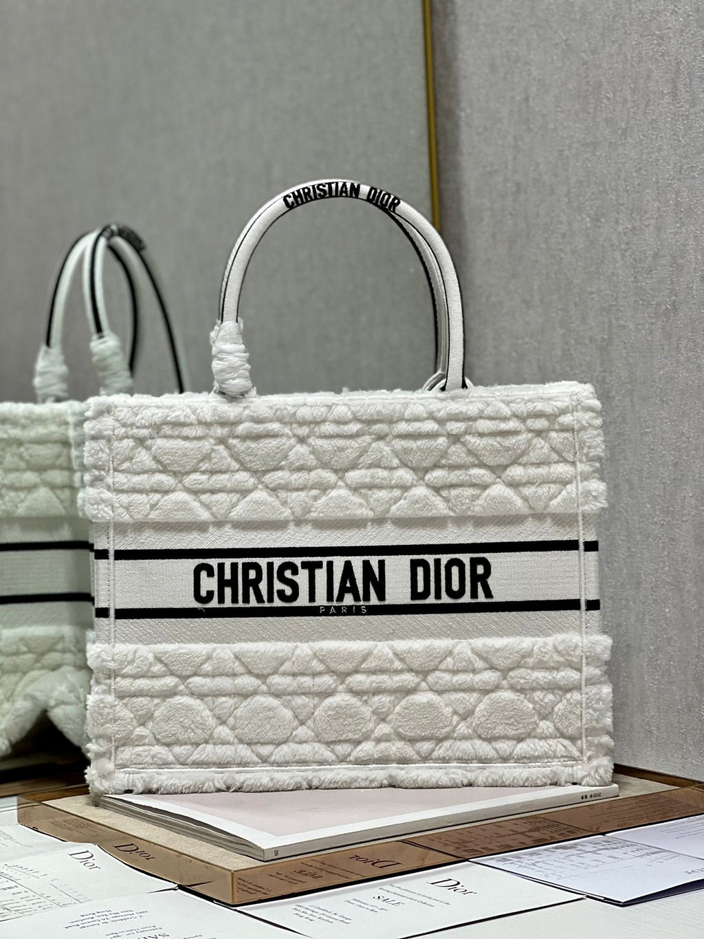 Dior M1296 Medium Book Tote Bag White Cannage