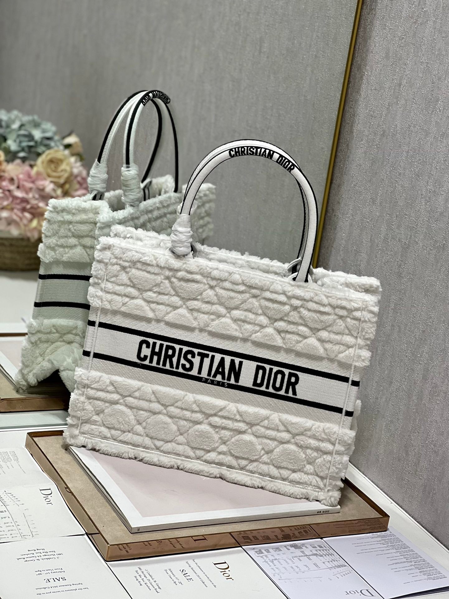 Dior M1296 Medium Book Tote Bag White Cannage