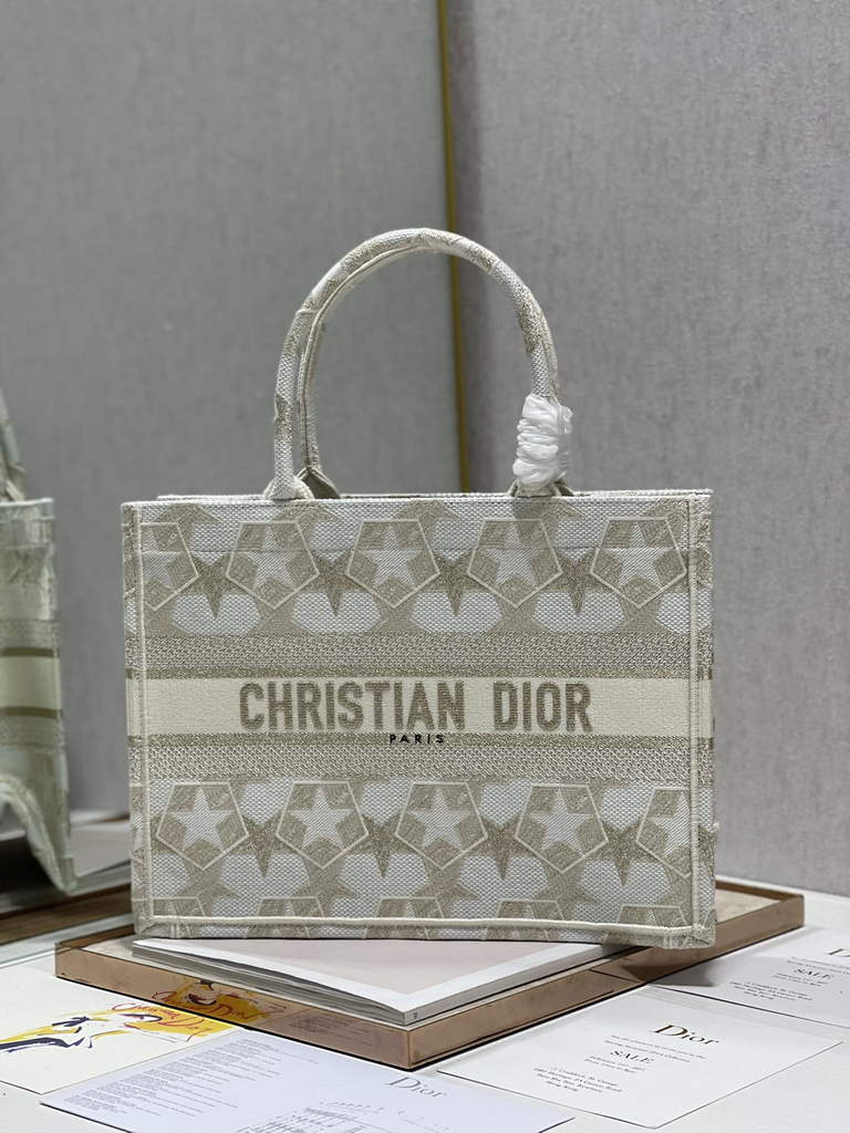 Dior M1296 Medium Book Tote White Star Multicolor Embroidery