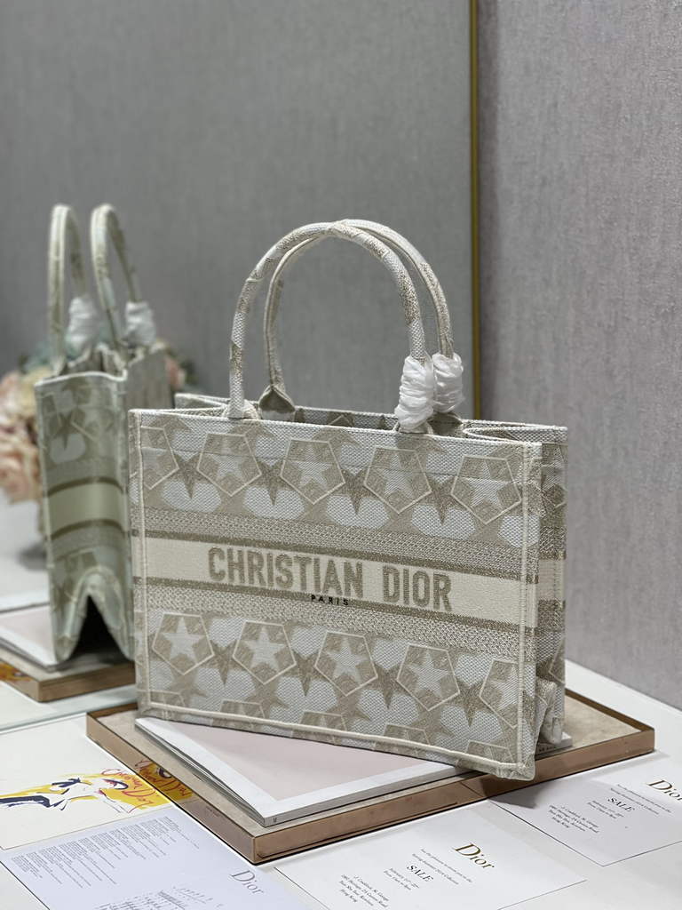 Dior M1296 Medium Book Tote White Star Multicolor Embroidery