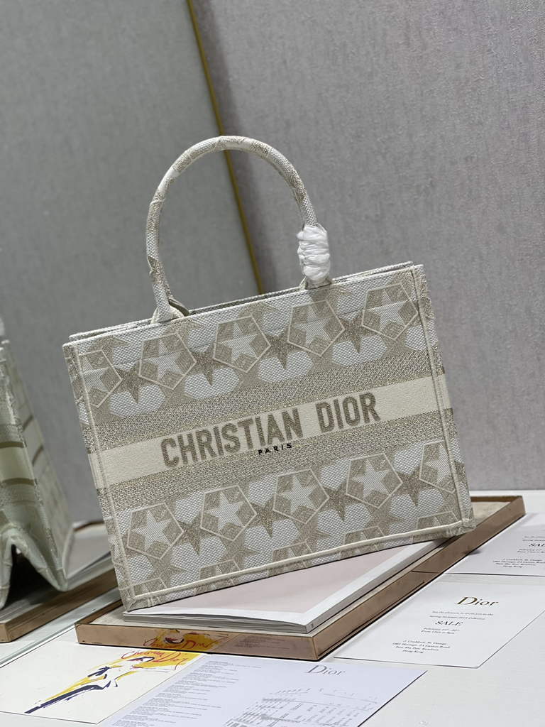 Dior M1296 Medium Book Tote White Star Multicolor Embroidery