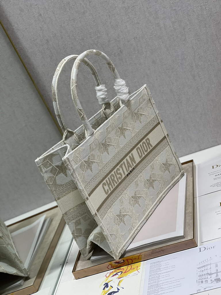 Dior M1296 Medium Book Tote White Star Multicolor Embroidery