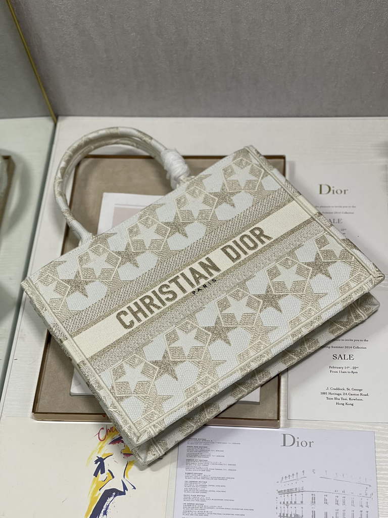 Dior M1296 Medium Book Tote White Star Multicolor Embroidery