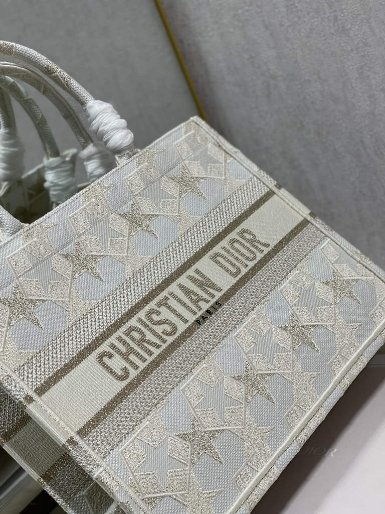 Dior M1296 Medium Book Tote White Star Multicolor Embroidery